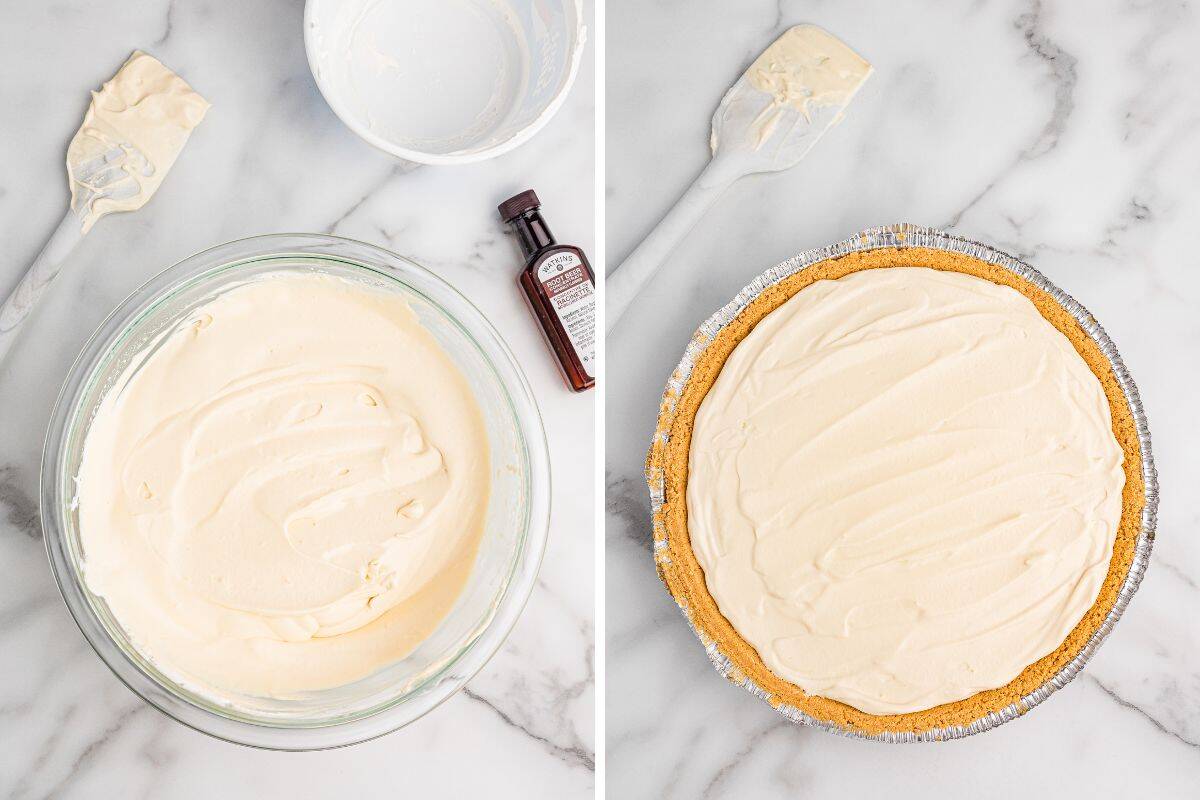 Creamy root beer float pie filling in a glass bowl with spatula, next to a graham cracker crust filled with the same mixture.