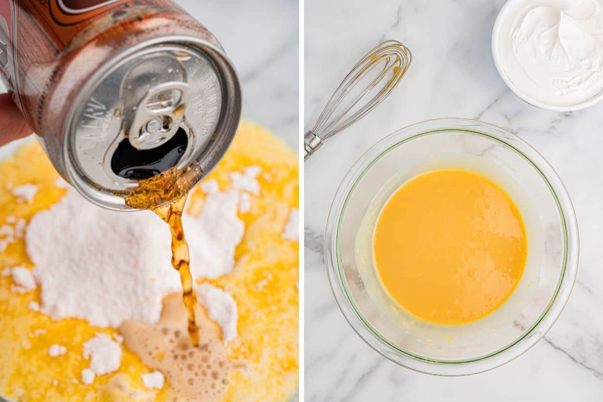 Root beer is poured into a bowl of batter and dry ingredients; second image shows the smooth yellow batter next to a whisk and whipped topping.