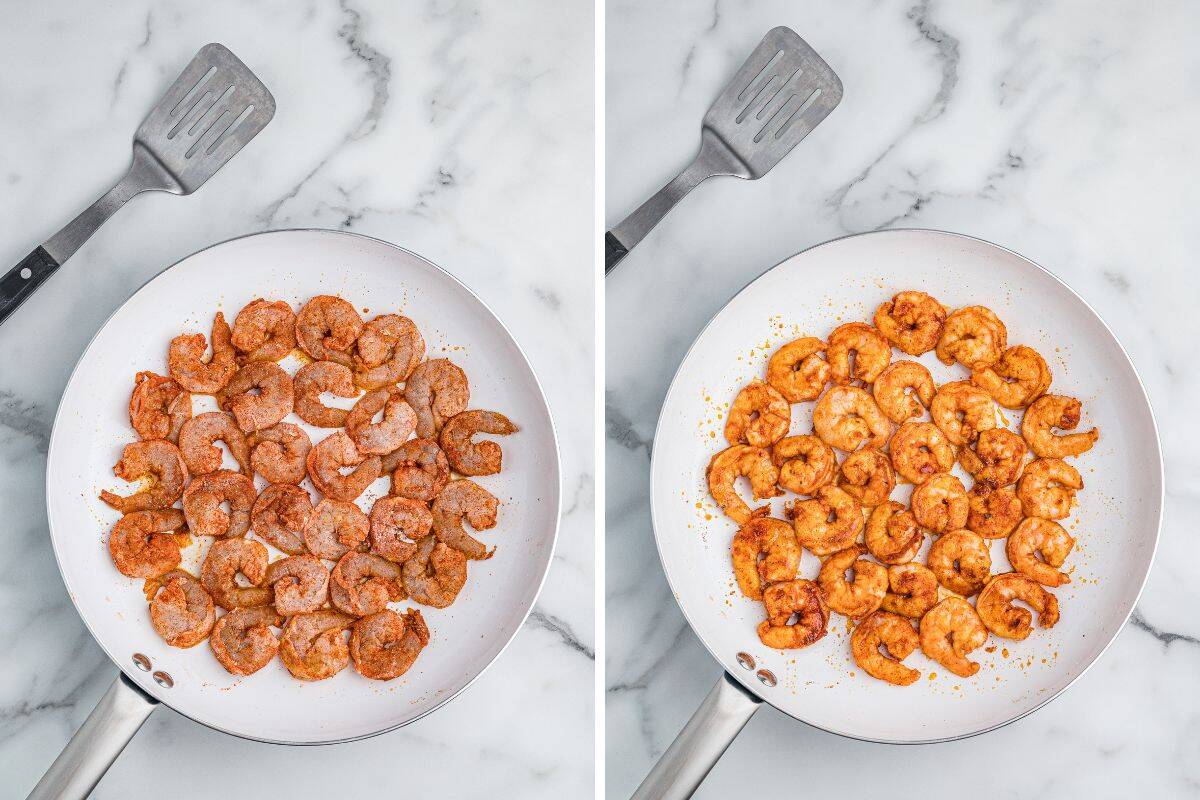 Two images of shrimp in a white skillet. The left image shows raw, seasoned shrimp arranged in a single layer. The right image shows the shrimp fully cooked with a golden-orange color.