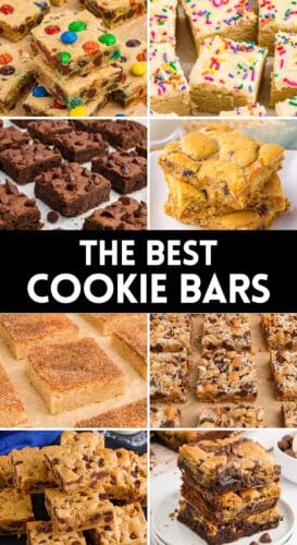 Collage pin showing eight types of bar cookies. Text reads: "The Best Cookie Bars".