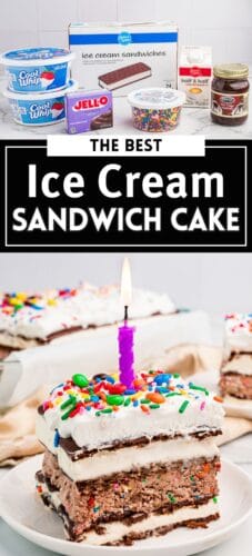 Collage pin with ingredients and slice of ice cream sandwich cake. Text reads "The Best Ice Cream Sandwich Cake."