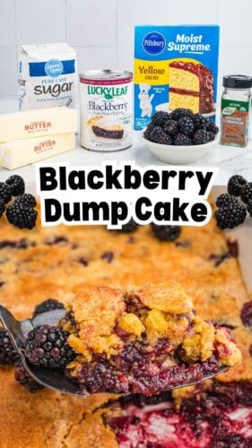 Collage pin with blackberry dump cake ingredients and bottom image of a serving of blackberry dump cake topped with ice cream.