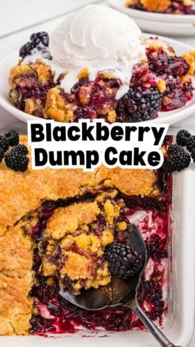 Collage pin with top and bottom images showing servings of blackberry dump cake with golden crust and berries.