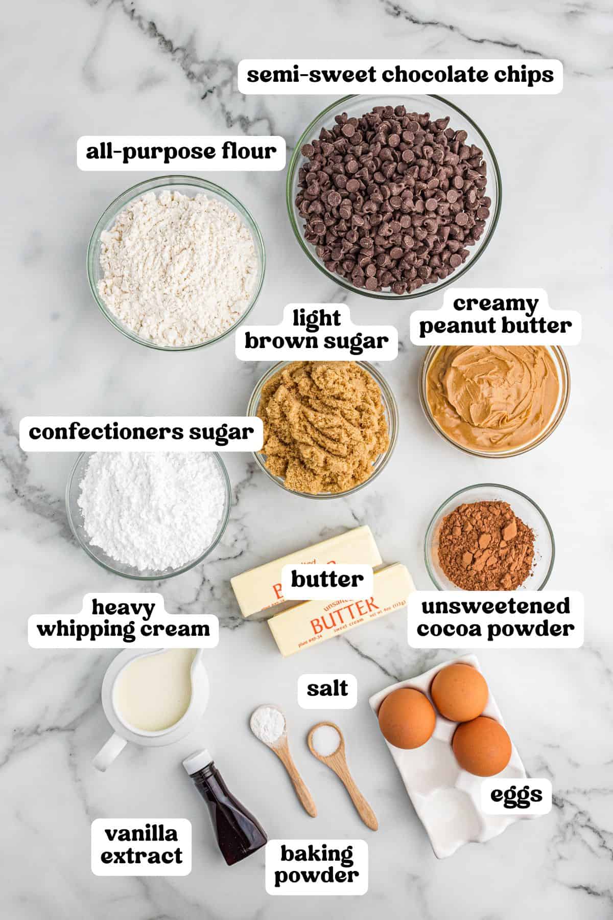 Overhead image of labeled ingredients for buckeye cookies, including semi-sweet chocolate chips, all-purpose flour, light brown sugar, creamy peanut butter, confectioners sugar, unsweetened cocoa powder, butter, heavy whipping cream, vanilla extract, salt, baking powder, and eggs.