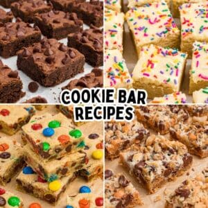 Four cookie bar recipes including double chocolate, sugar cookie, M&M, and 7 layer bars.