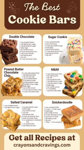 The best cookie bar recipes from crayonsandcravings.com including M&M bars, sugar cookie bars, double chocolate bars, snickerdoodle bars, and salted caramel bars.