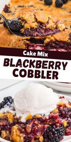 Collage pin showing blackberry cobbler. Text reads "Cake Mix Blackberry Cobbler."