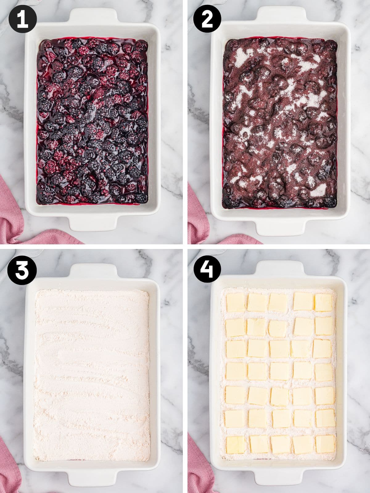 Collage with four steps for making blackberry dump cake in a 9x13 inch baking dish: 1: Blackberry filling spread evenly. 2: Sugar sprinkled over the berries. 3: Dry cake mix layered on top. 4: Slices of butter arranged in a grid pattern over the cake mix.