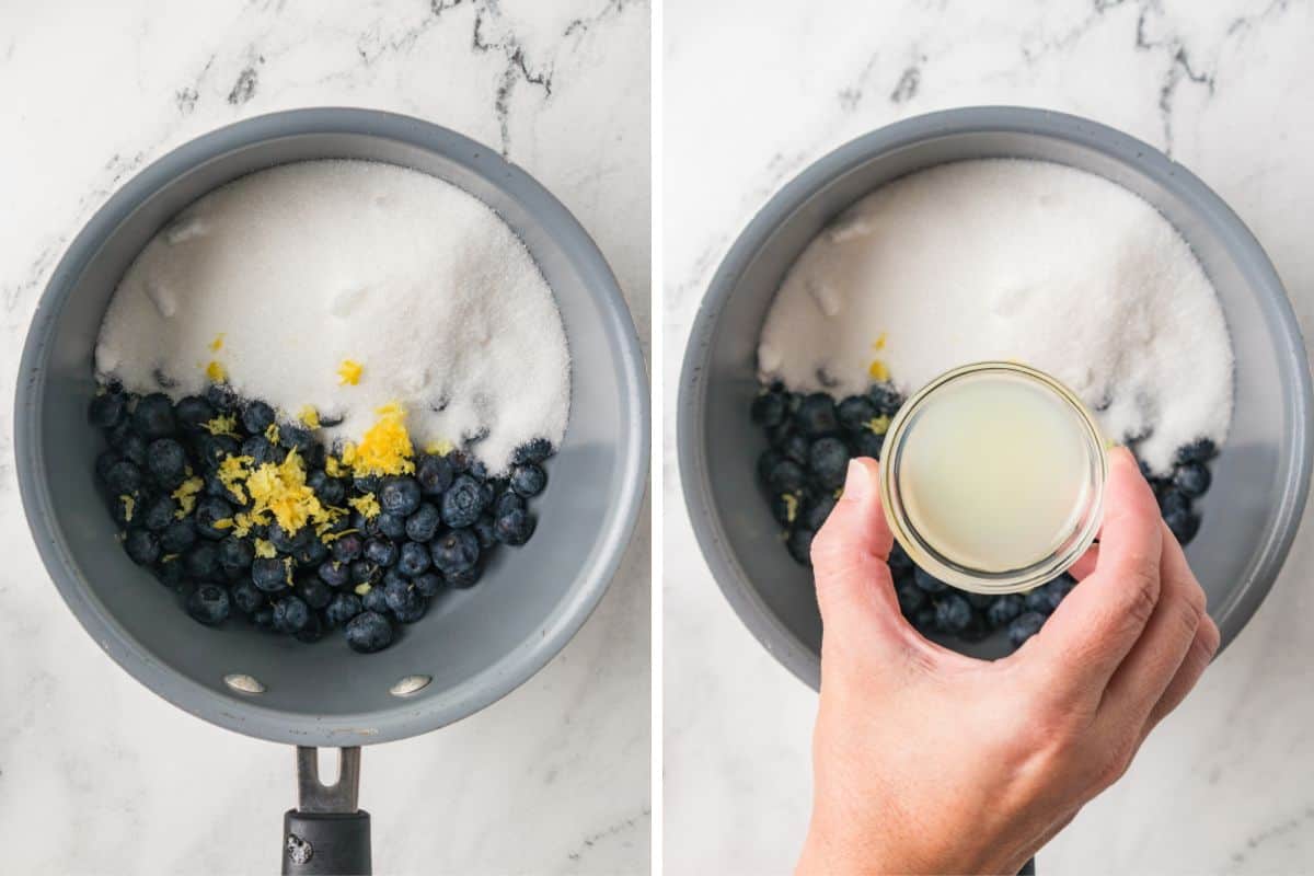 Two images of a saucepan. The left image shows fresh blueberries, granulated sugar, and lemon zest. The right image shows a hand holding a small bowl of lemon juice above the same mixture in the saucepan.