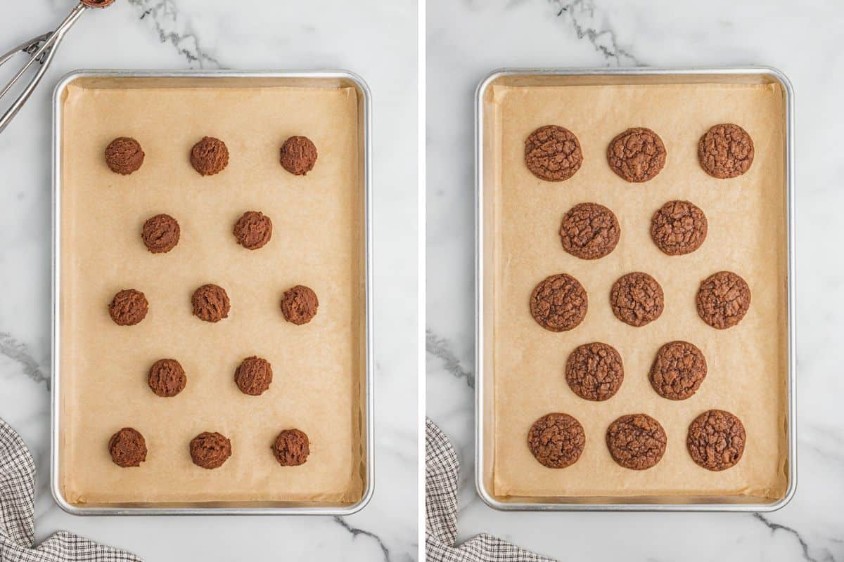 Side by side images of unbaked chocolate cookie dough balls on a parchment-lined baking sheet and the same sheet with baked chocolate cookies.