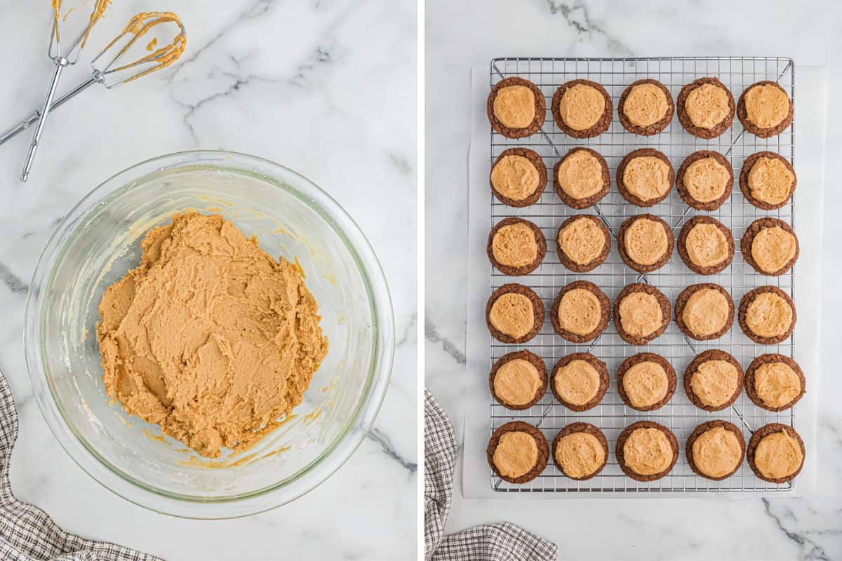 Side by side images of peanut butter filling in a glass bowl with mixer beaters and a cooling rack with chocolate cookies topped with peanut butter filling.