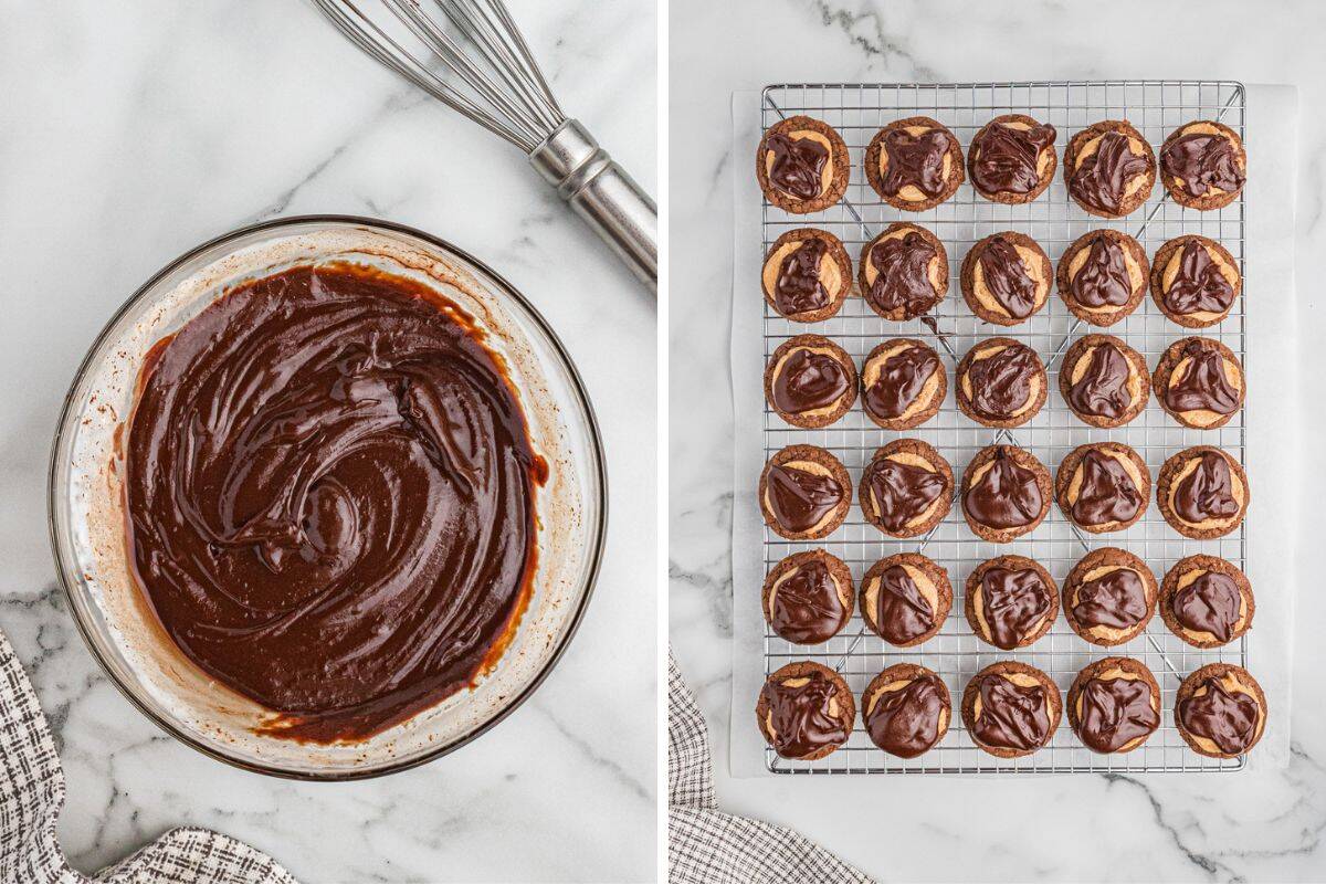 Side by side images of chocolate ganache in glass bowl next to whisk and a cooling rack with buckeye cookies.