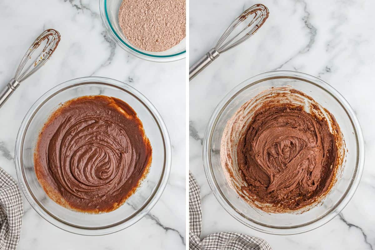 Side by side images of chocolate mixture in a glass bowl with whisk and the same bowl with chocolate brownie cookie dough.
