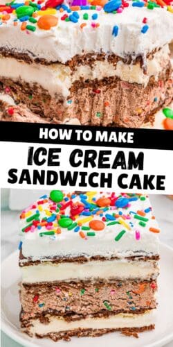 Collage pin with close-up views of ice cream sandwich cake. Text reads "How to make ice cream sandwich cake."