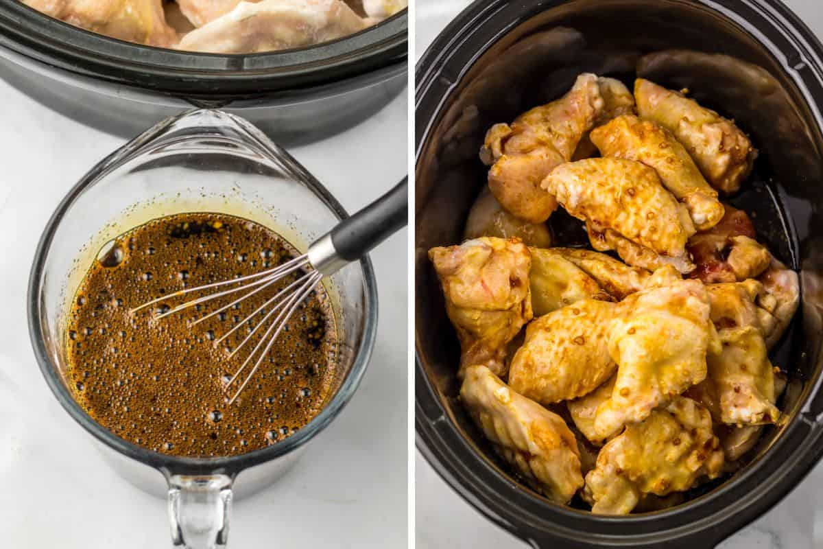 Split image showing a whisk in a glass measuring cup filled with dark sauce on the left, and raw chicken wings coated in sauce inside a crockpot on the right.