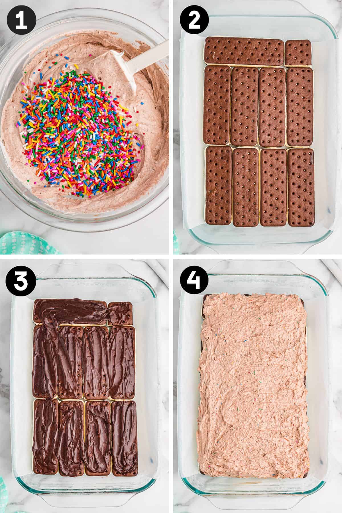 4 image collage showing a bowl of chocolate whipped filling with sprinkles and a 9 x 13 inch baking dish with layers of ice cream sandwiches, chocolate sauce, and chocolate whipped topping.