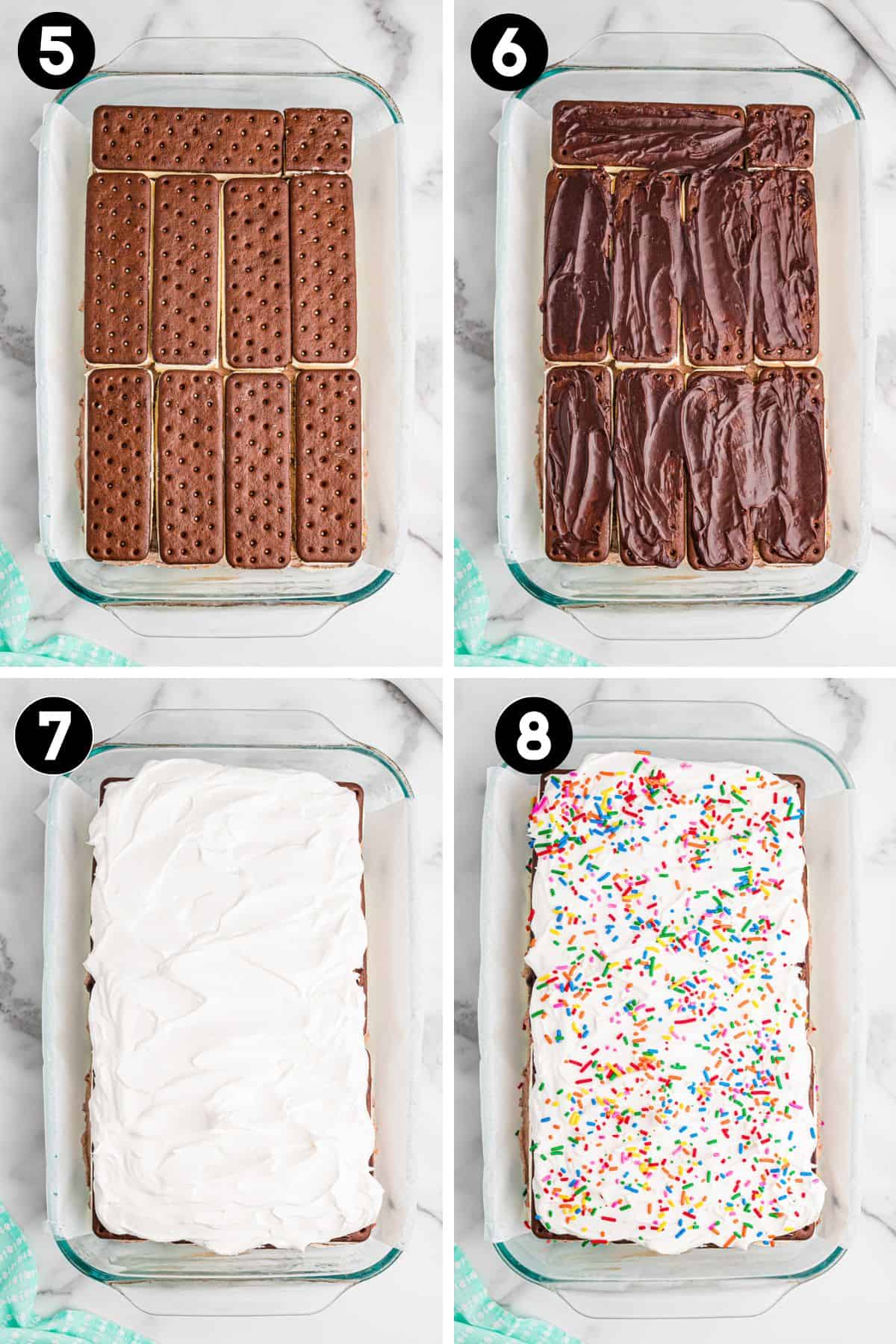 4 image collage showing a 9 x 13 inch baking dish with layers of ice cream sandwiches, hot fudge, whipped topping, and sprinkles over the top.