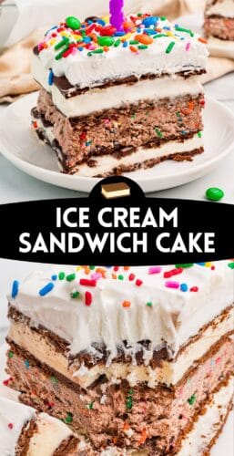 Pin collage with ice cream sandwich cake with birthday candle and sprinkles.