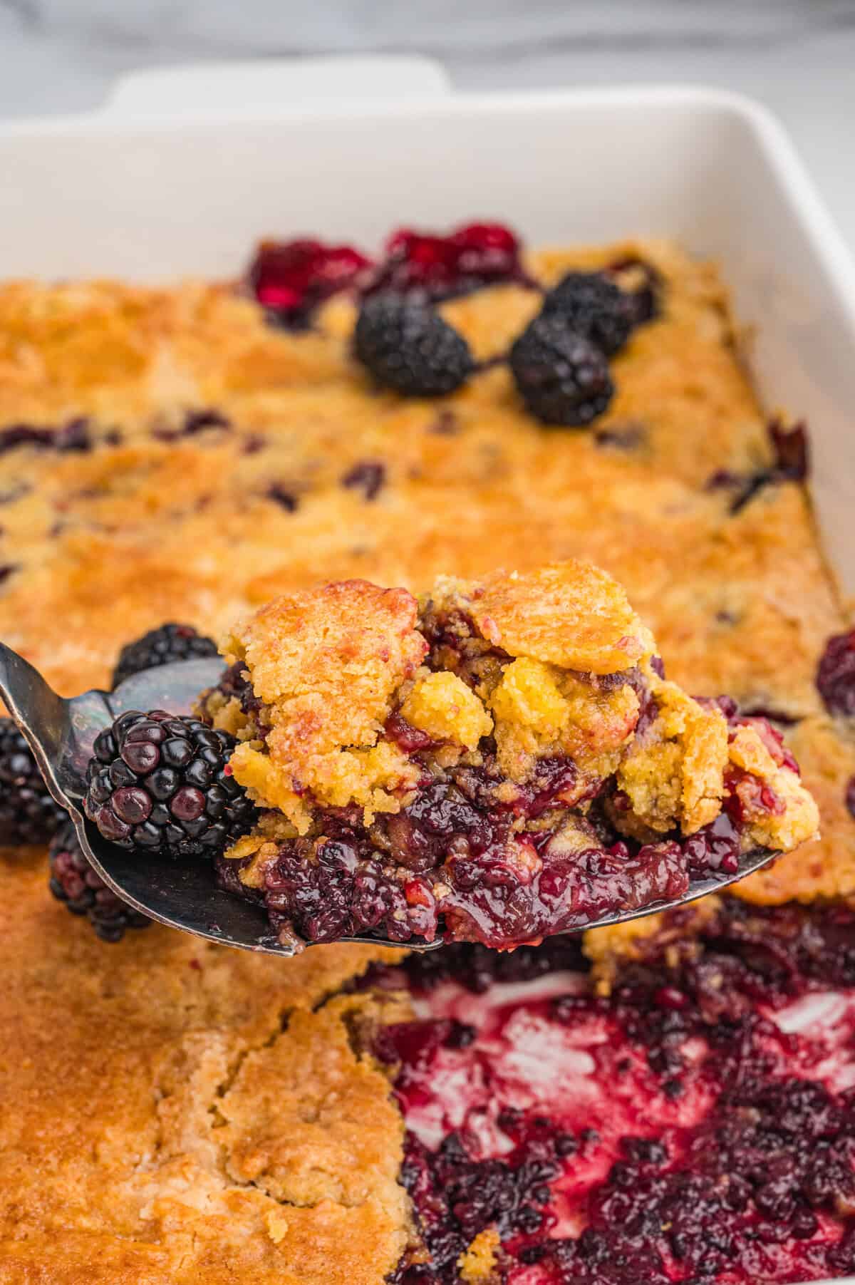A serving spoon lifting a golden, crumbly scoop of blackberry dump cake filled with dark berry filling and whole blackberries over a partially served baking dish.