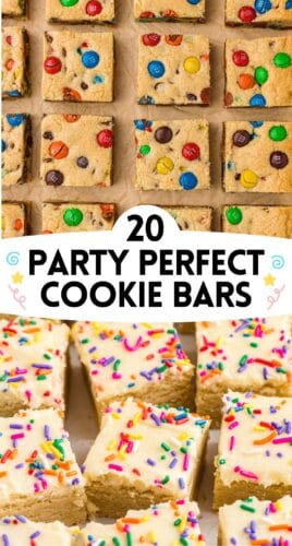Collage pin with M&M and sprinkle-topped sugar cookie bars. Reads: "20 Party Perfect Cookie Bars".
