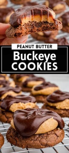Collage pin with a close-up of a bitten buckeye cookie on top, text reading “Peanut Butter Buckeye Cookies” in the center, and rows of buckeye cookies on a cooling rack at the bottom.