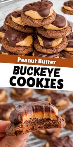 Collage pin with a stack of buckeye brownie cookies on top, text reading “Peanut Butter Buckeye Cookies” in the center, and a close-up of a bitten cookie being held at the bottom.