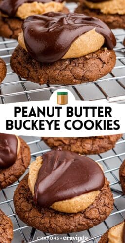 Collage pin with chocolate peanut butter buckeye cookies on a cooling rack, text reading “Peanut Butter Buckeye Cookies” in the center with a peanut butter jar graphic.