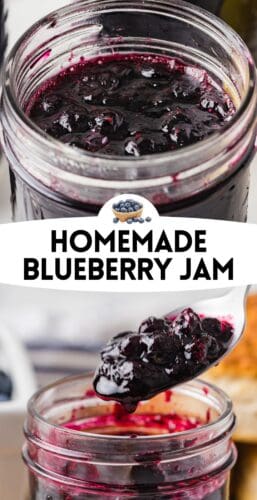 Collage pin with a jar of blueberry jam and spoonful above. Text reads “Homemade blueberry jam.”