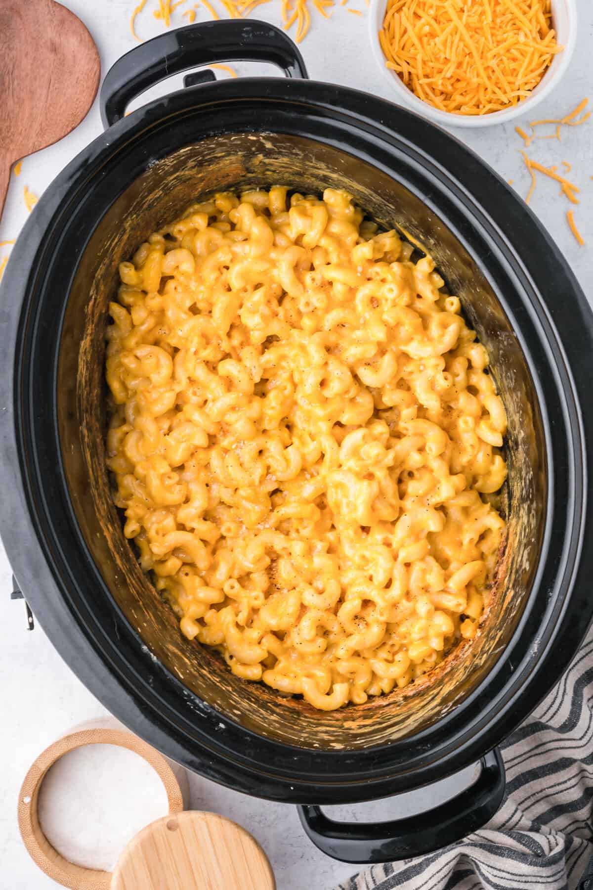 Overhead view of crockpot mac and cheese with velveeta.