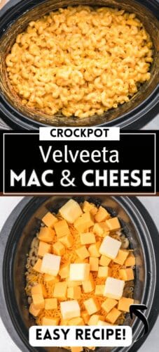 Collage pin showing cooked mac and cheese in a crockpot and uncooked ingredients. Text reads "Crockpot Velveeta Mac & Cheese" and "Easy Recipe!"