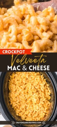 Collage pin with close-up of creamy mac and cheese and full slow cooker view. Text reads "Crockpot Velveeta Mac & Cheese."