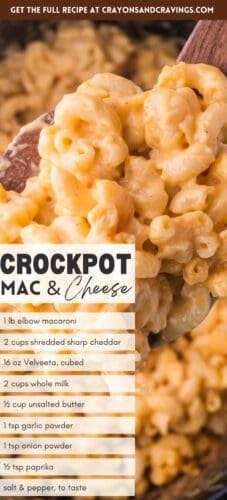 Collage pin showing a spoonful of creamy crockpot mac and cheese. Text lists ingredients for slow cooker mac and cheese with velveeta and cheddar.