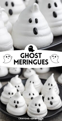 Collage pin with ghost meringues. Text reads "Ghost Meringues" with cartoon ghost graphics.