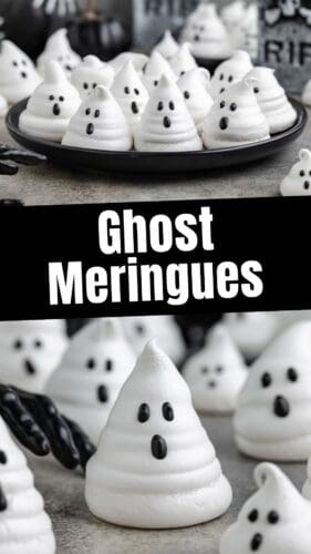 Collage pin with ghost shaped meringue cookies. Text reads "Ghost Meringues" in bold white letters.