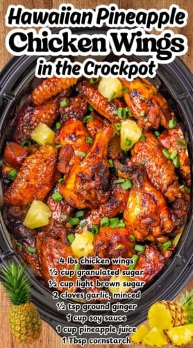 Collage pin with overhead image of crockpot Hawaiian chicken wings and green onions, topped with pineapple chunks. Bold title reads “Hawaiian Pineapple Chicken Wings in the Crockpot.” Ingredients are listed in white text at the bottom of the image.