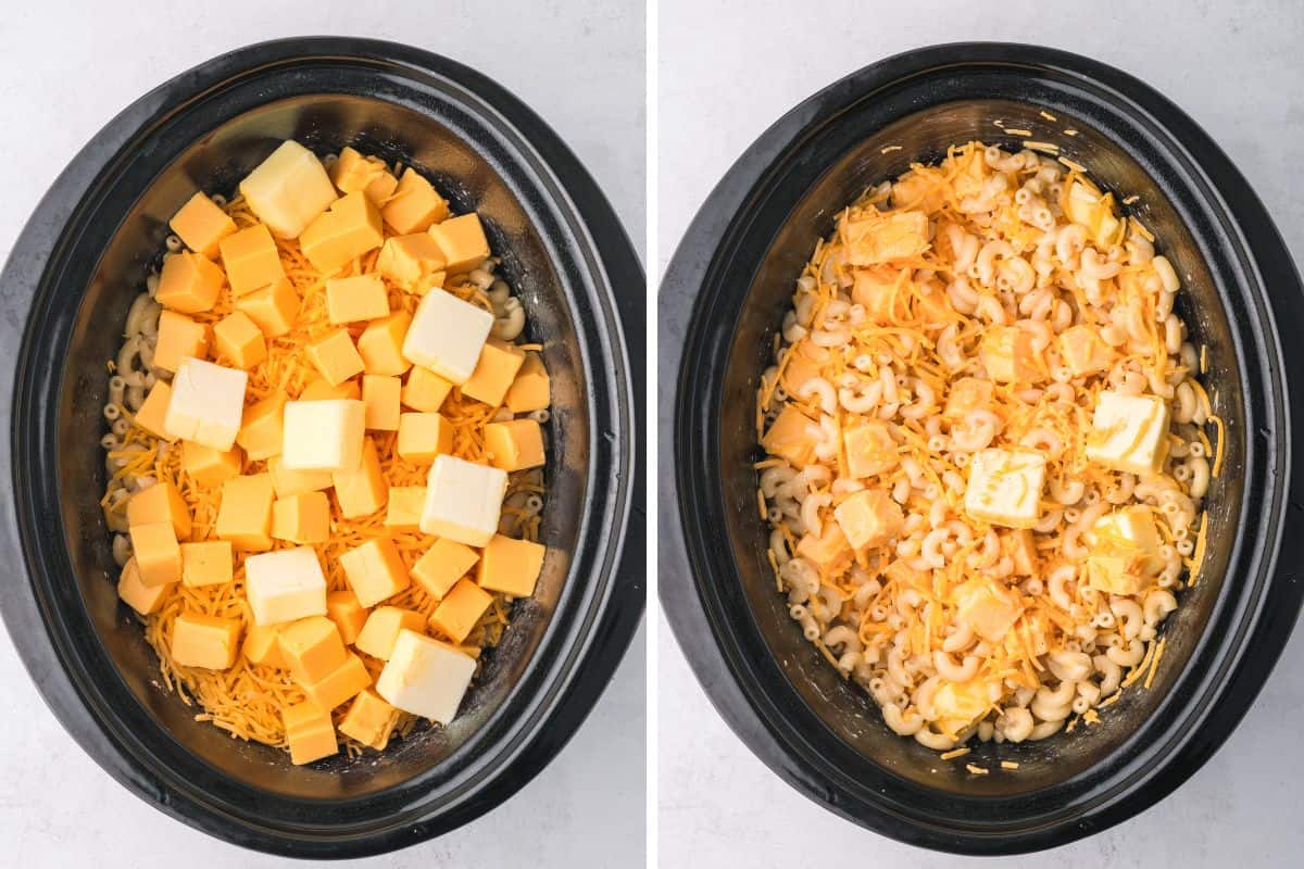 Two image collage of a Crock-Pot showing macaroni topped with cubed Velveeta, shredded cheddar, and butter before stirring (left) and the same ingredients after stirring together (right).