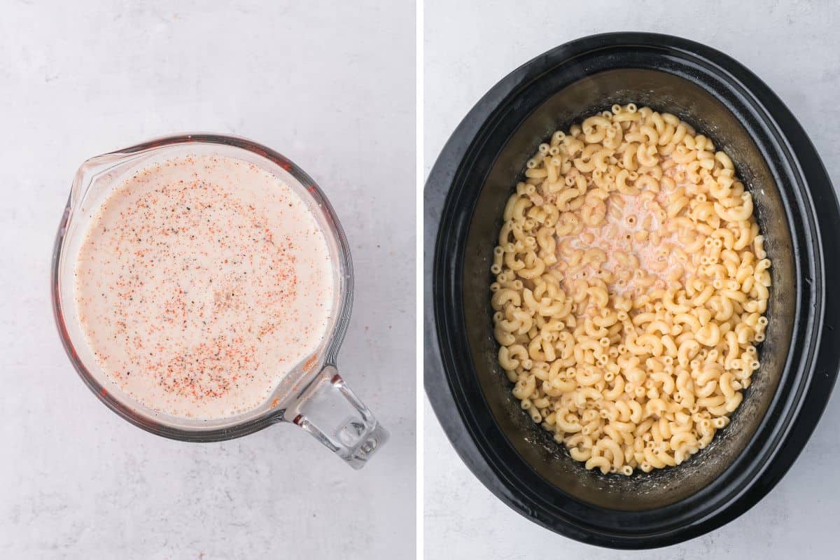 Two image collage showing a measuring cup filled with seasoned milk mixture on the left and elbow macaroni added to milk mixture in a black slow cooker on the right.