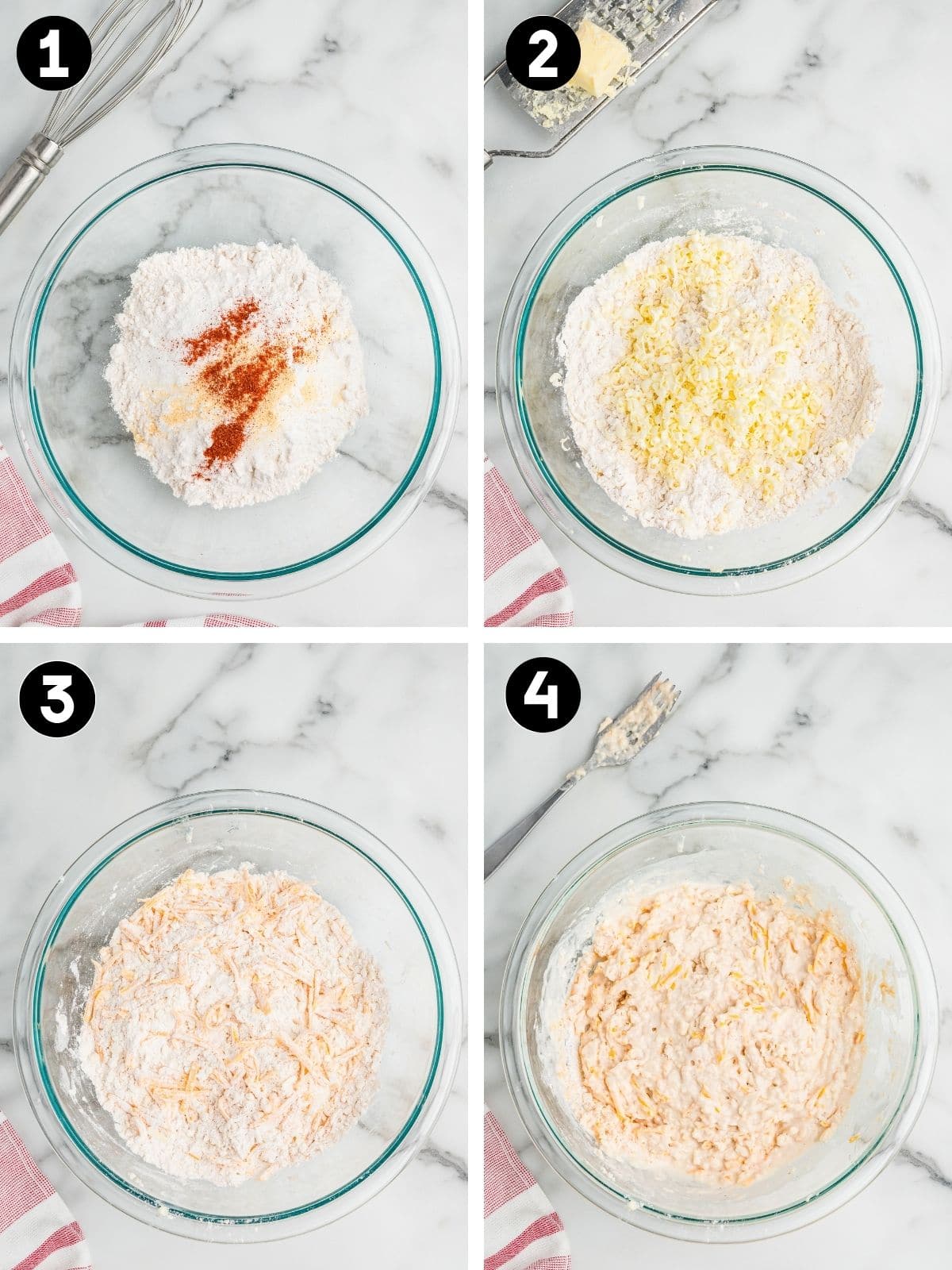 Collage image showing the first four steps of preparing cheddar biscuit dough in a glass bowl on a marble surface. In step 1, dry ingredients including flour, spices, and seasonings are combined. In step 2, grated cold butter is added to the flour mixture. Step 3 shows shredded cheddar cheese mixed into the flour and butter. Step 4 displays the final dough after milk has been added and everything is fully combined.
