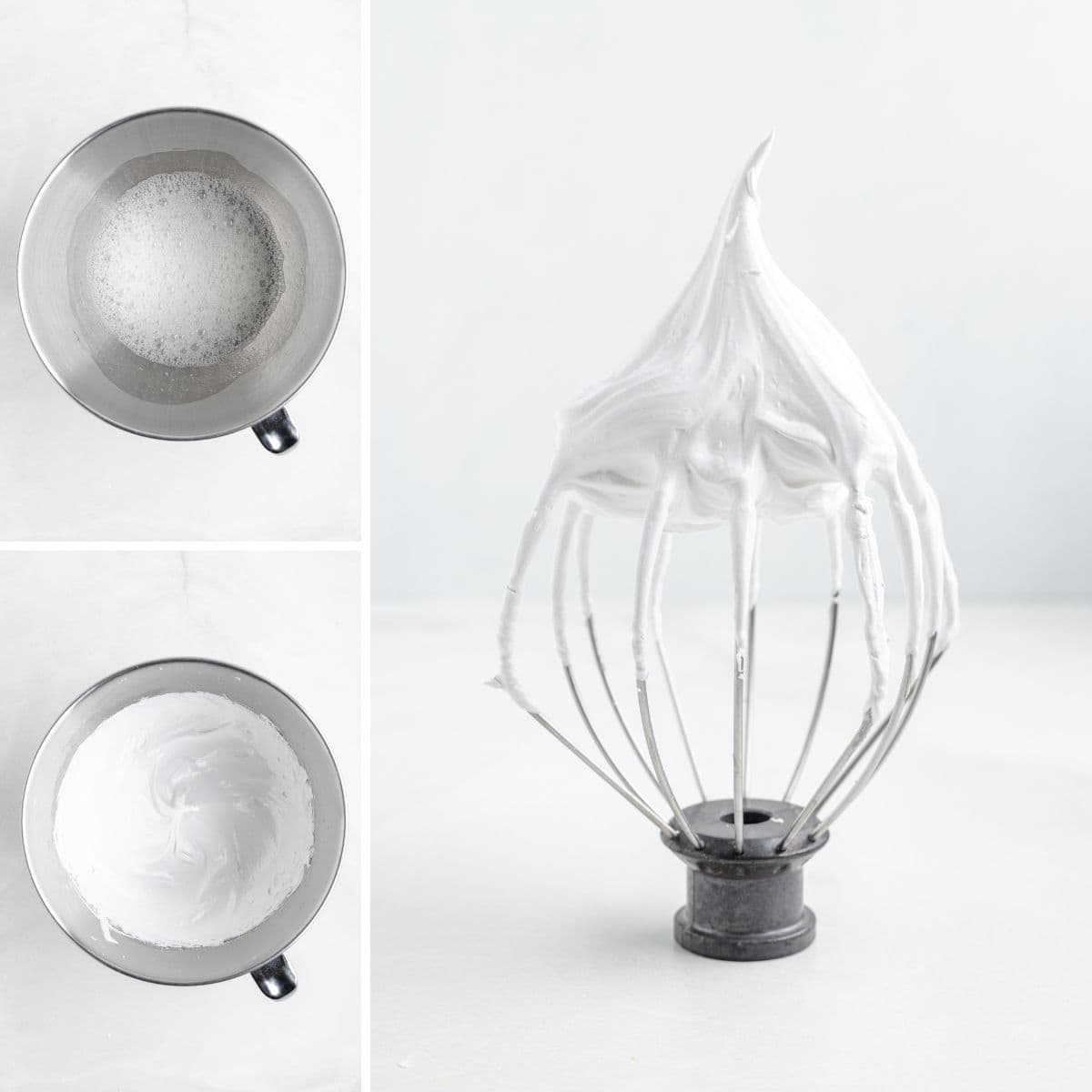Collage image showing the process of making meringue. Top-left: a metal mixing bowl with frothy egg whites. Bottom-left: a bowl of glossy, whipped meringue. Right: a whisk attachment covered in stiff, white meringue forming a peak.