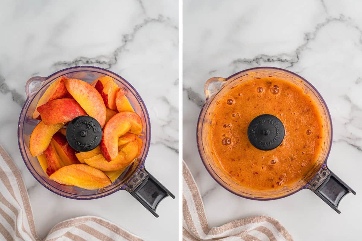 Side-by-side of peach slices and pureed peaches in a food processor.