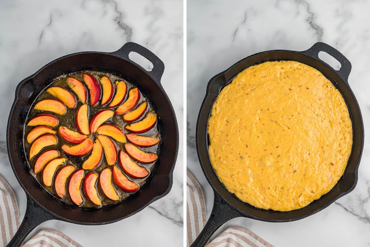 Split image showing preparation steps: the left side displays a cast iron skillet with raw peach slices arranged in a spiral over melted butter and sugar; the right side shows the same skillet now filled with cake batter covering the peaches.