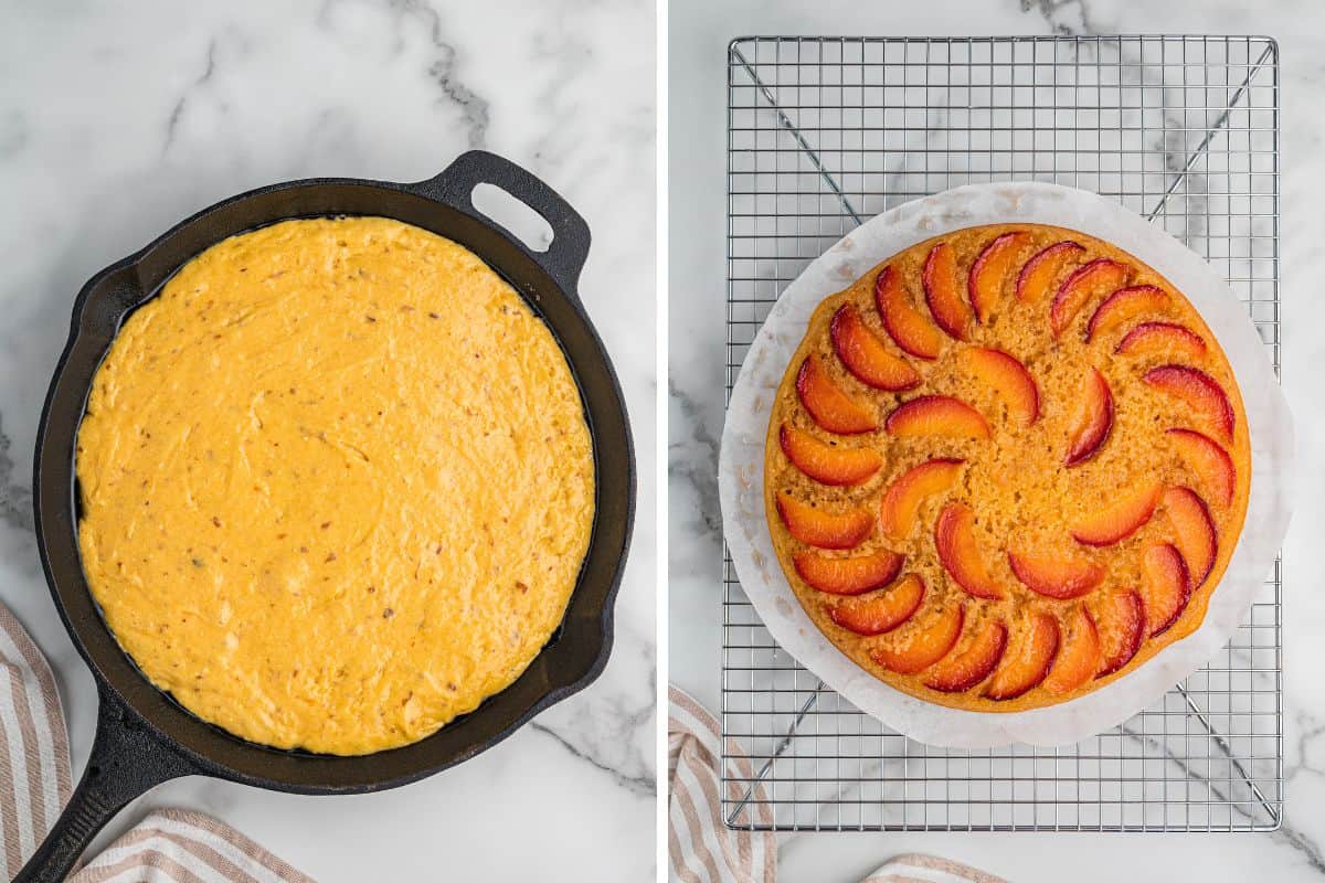 Side-by-side of cake batter in skillet and baked peach upside-down cake.