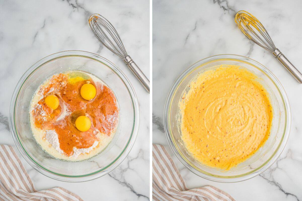 Side-by-side of unmixed and mixed cake batter in a bowl.