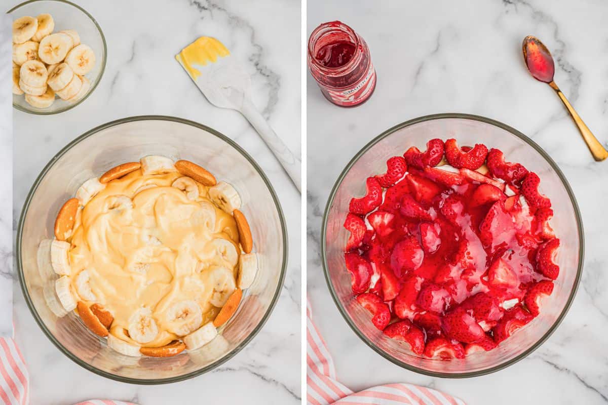 Two images of a trifle bowl showing strawberry banana pudding in progress: the left image features pudding, sliced bananas, and wafers; the right image shows a strawberry layer with strawberry preserves. A spatula and jar of preserves are visible nearby.