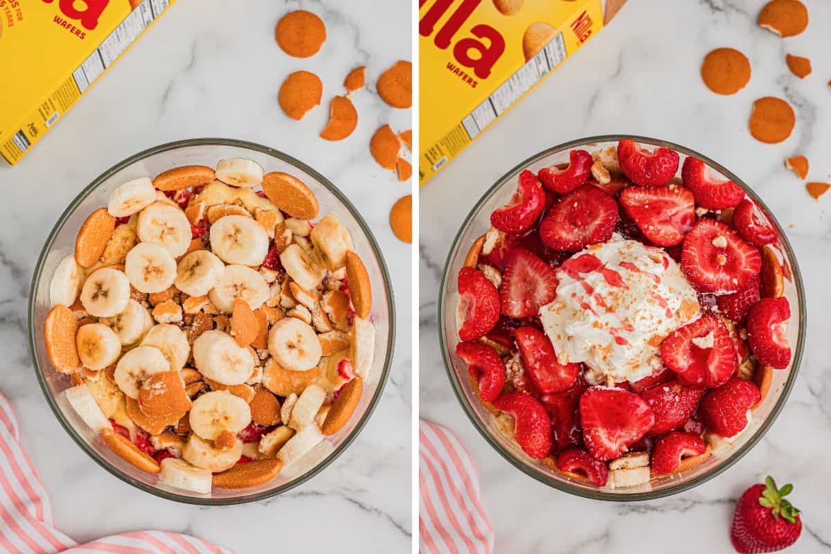 Collage pin with two overhead images of banana pudding with strawberries: the left shows a bowl layered with sliced bananas and Nilla wafers; the right shows a finished top layer of strawberries and whipped cream.