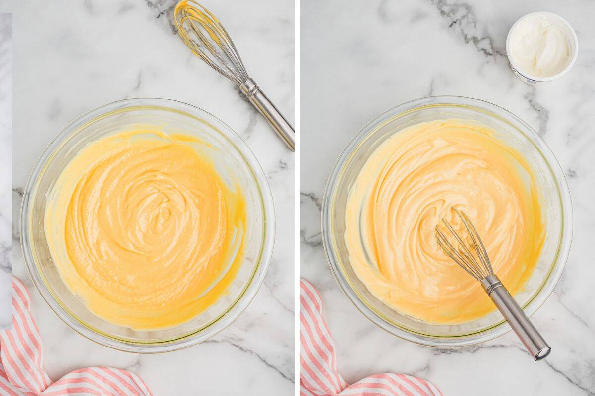 Two bowls of pudding base for banana pudding with strawberries. The left shows freshly whisked vanilla pudding; the right shows a creamier version after sour cream is mixed in.