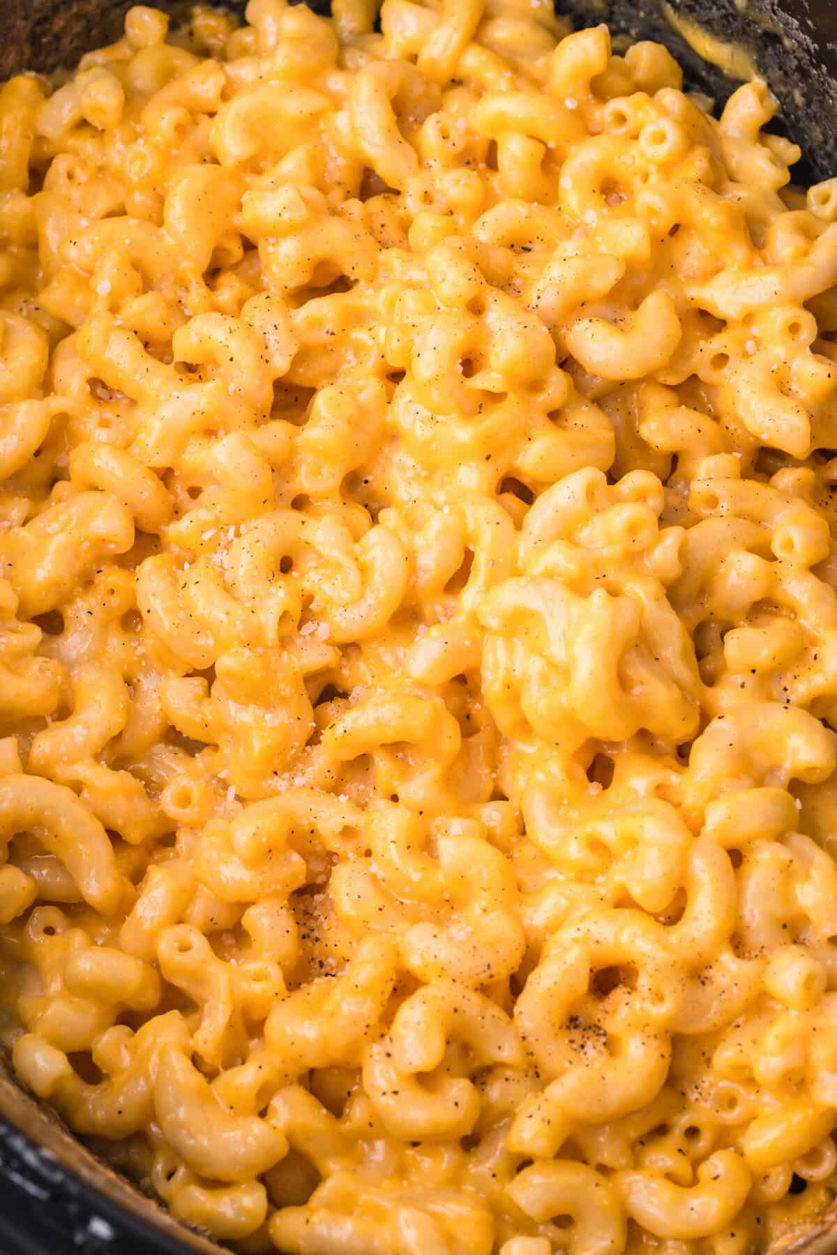 Creamy slow cooker macaroni and cheese made with velveeta and cheddar.