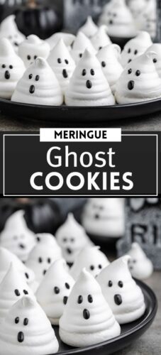 Pin with two images of ghost meringues. Text in a black box between the images reads “Meringue Ghost Cookies.”