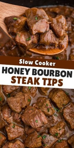 Collage pin with close-up photos of crockpot steak tips coated in brown sauce. One image shows a wooden spoon lifting pieces of steak, and the other shows the steak simmering. Text reads “Slow Cooker Honey Bourbon Steak Tips.”