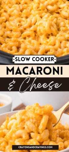 Collage pin showing mac and cheese in a crockpot and on a spoon. Text reads "Slow Cooker Macaroni & Cheese."